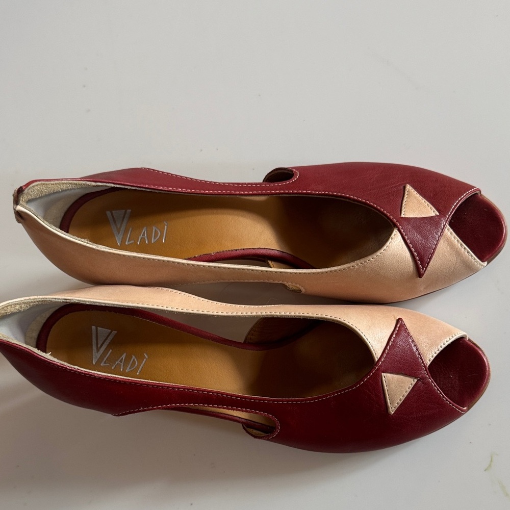 Burgundy and Tan Peep Toe Heels